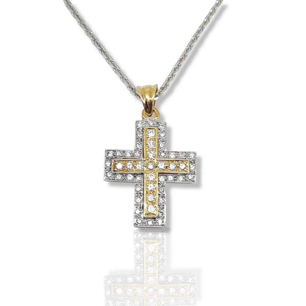 Σταυρός (με αλυσίδα)  λευκό & κίτρινο χρυσό κ18 με διαμάντια καρφωμένα χωνευτά (code H1733)